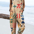 Women's Retro Abstract Geometric Triangle Art Print Casual 100% Cotton Wide Leg Jumpsuit