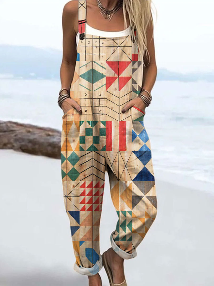 Women's Retro Abstract Geometric Triangle Art Print Casual 100% Cotton Wide Leg Jumpsuit