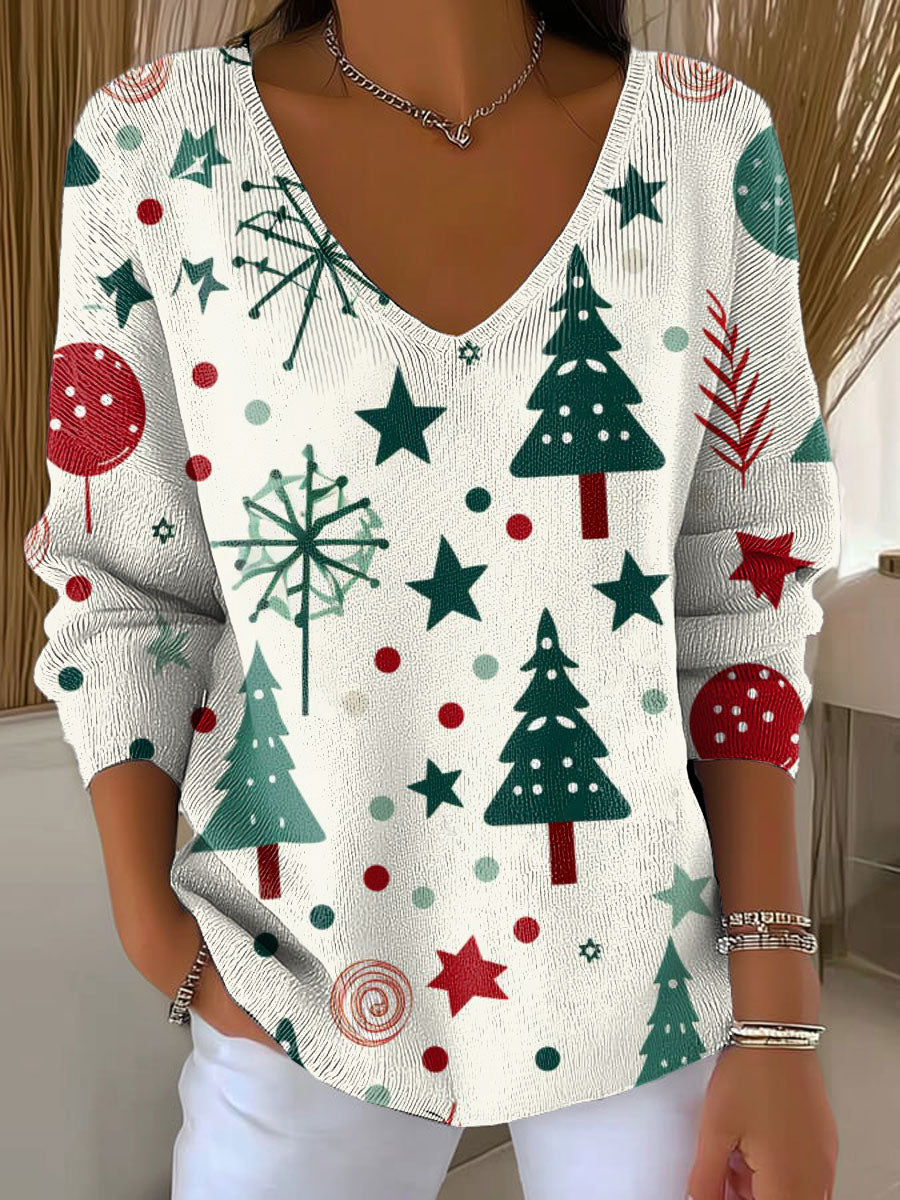 Women's Christmas Tree Pattern Print Casual Pullover Sweater