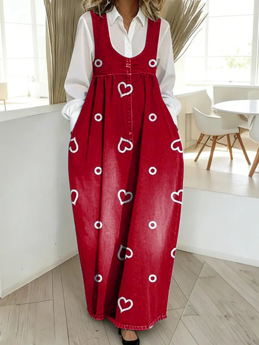 Women's Valentine's Day Heart Pattern Art Print Casual Cotton Denim Dress