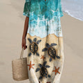 Women's Seaside Turtle Art Print Flowy Dress