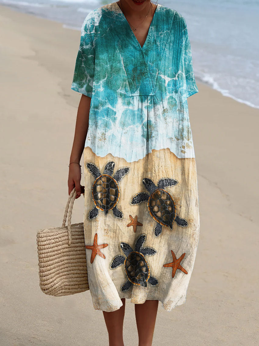 Women's Seaside Turtle Art Print Flowy Dress