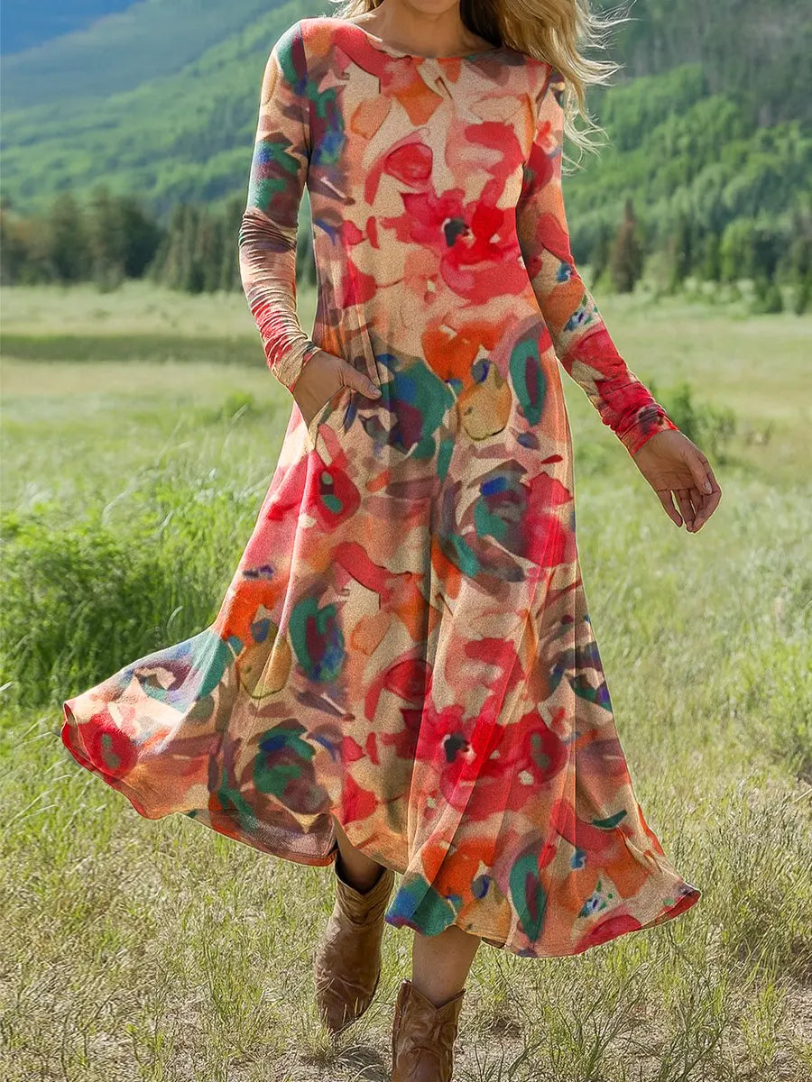 Women's Vintage  Flower Art Print Long-sleeved Dress
