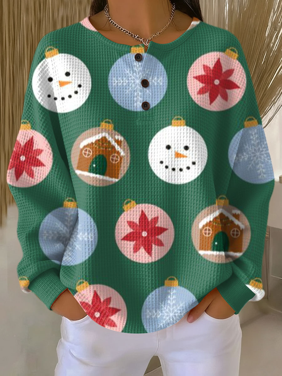 Women's Christmas Tree Snowman Pattern Art Print Casual Cotton Shirt