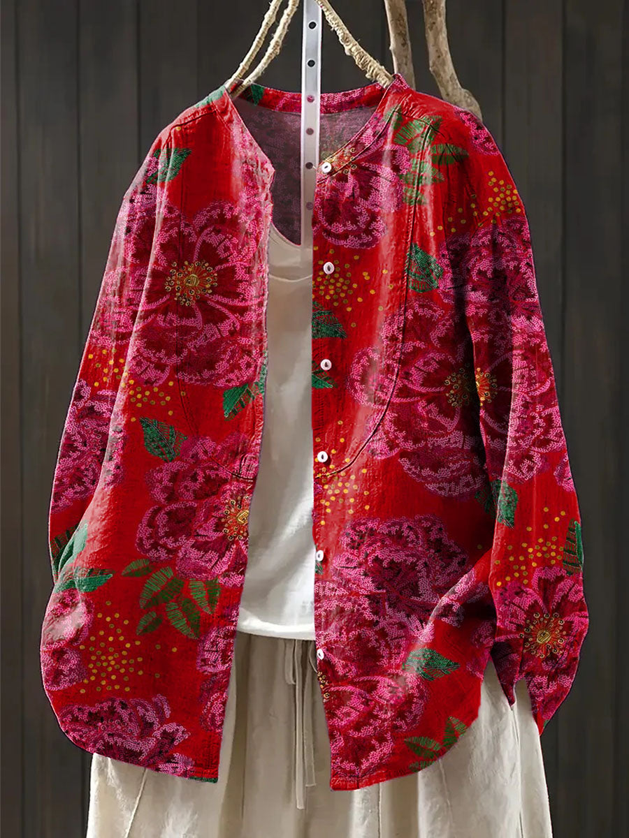 Women's Vintage Floral Pattern Art Print Casual Cotton And Linen Shirt