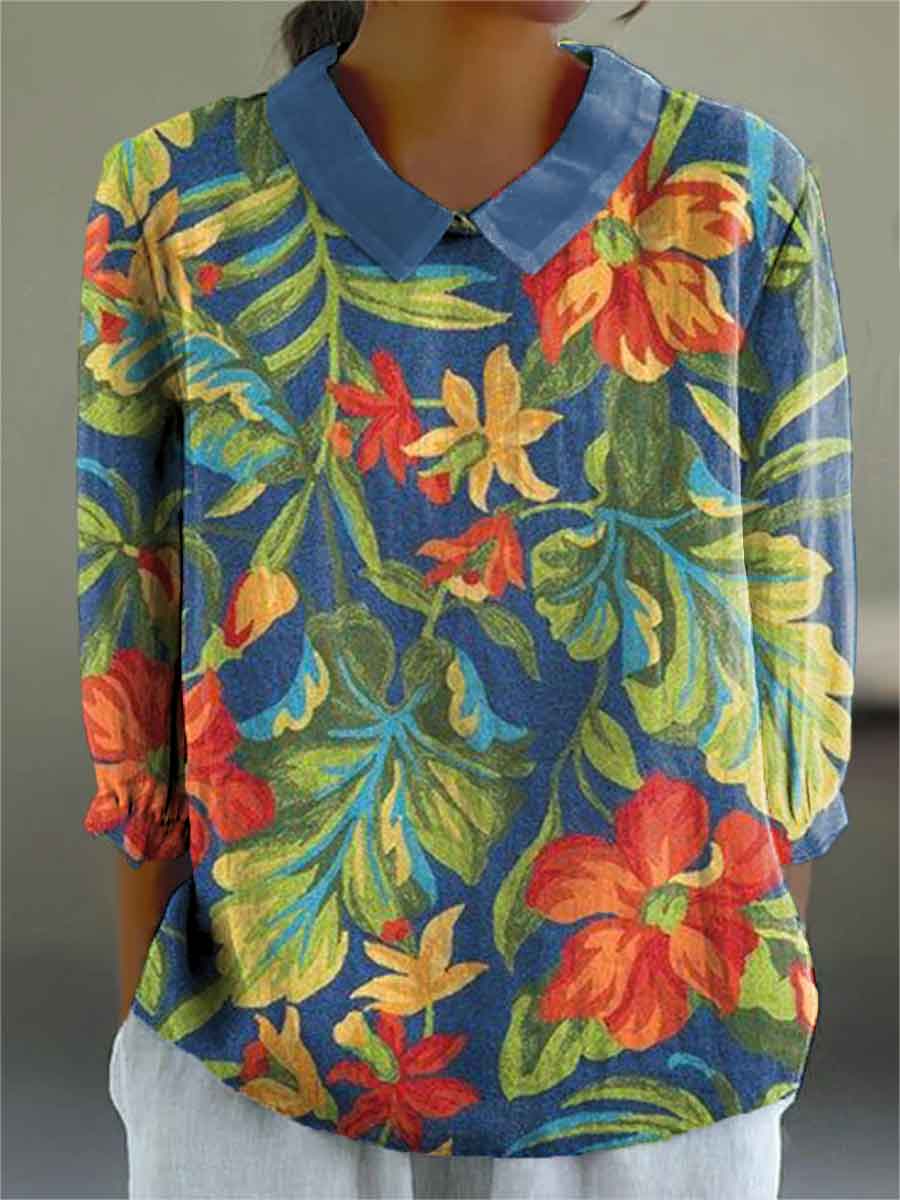 Women's Flowers Print Casual Cotton And Linen 3/4 Sleeve Shirt