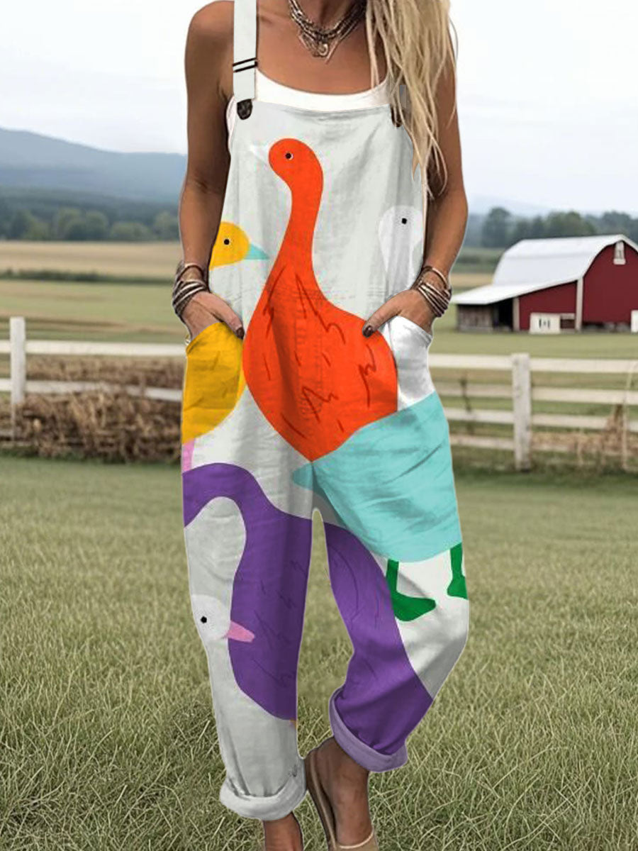 Women's  Funny  Goose Art Print Casual 100% Cotton Wide Leg Jumpsuit