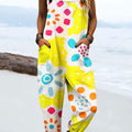 Women's Vintage Abstract Flower Art Print Casual 100% Cotton Wide Leg Jumpsuit