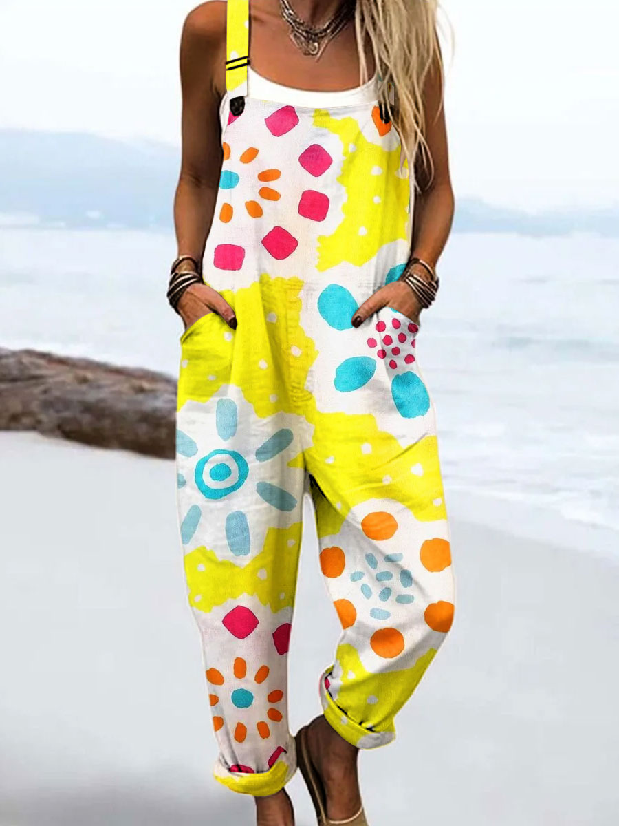 Women's Vintage Abstract Flower Art Print Casual 100% Cotton Wide Leg Jumpsuit