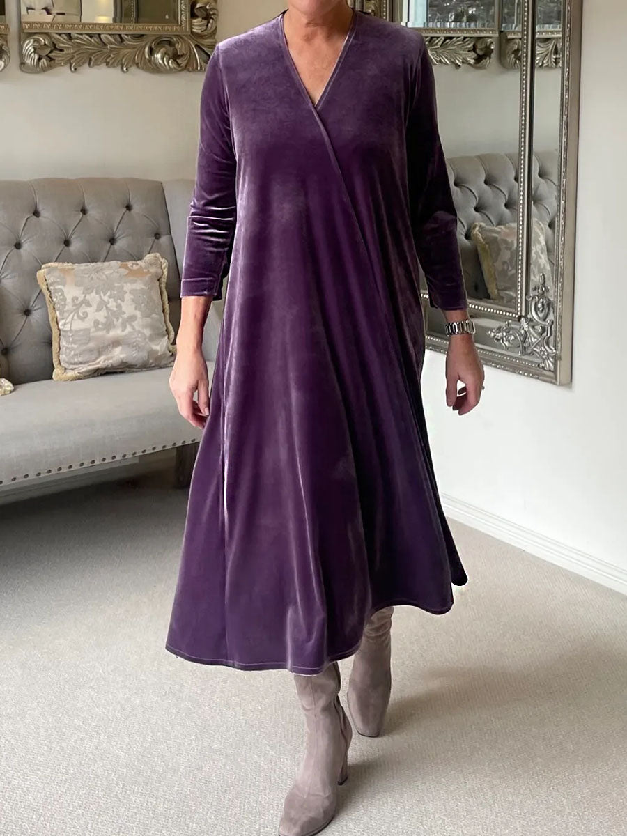 Women's Solid Color V-Neck 3/4 Sleeve Velvet Casual Loose Dress