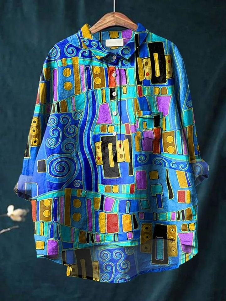 Abstrct Art Printed Women's Casual Cotton And Linen Shirt