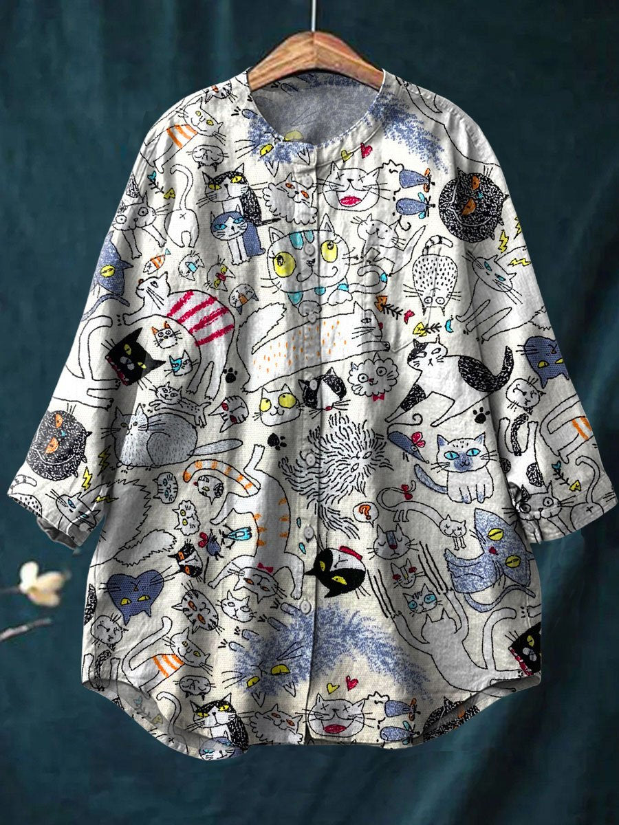 Women's Cat Art Print Casual Cotton And Linen Shirt