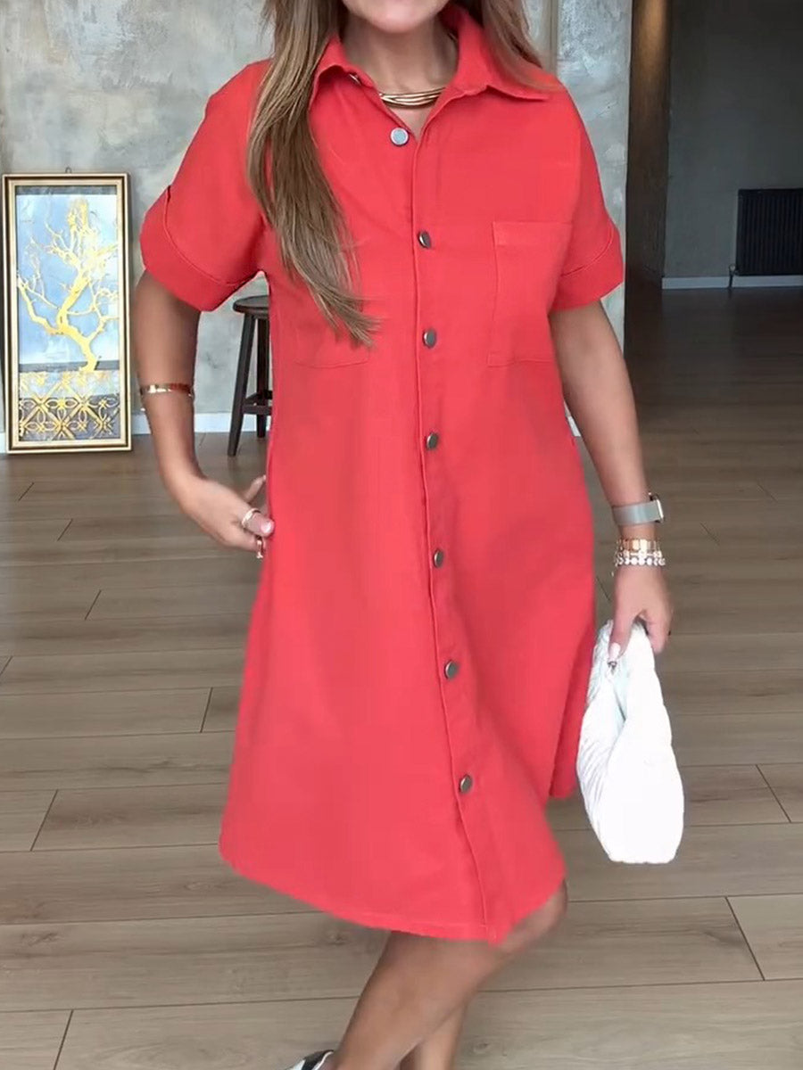Women's Lapel Short Sleeve Solid Color Casual Cotton Shirt Dress