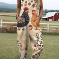 Women's Vintage Flower Funny Chicken  Art Print Casual 100% Cotton Wide Leg Jumpsuit
