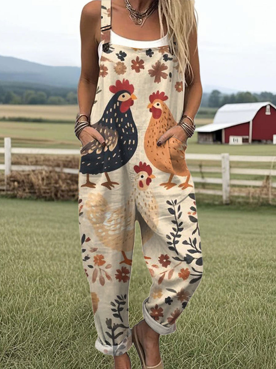 Women's Vintage Flower Funny Chicken  Art Print Casual 100% Cotton Wide Leg Jumpsuit