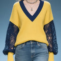 Women's Color-block Lace-paneled V-neck Long-sleeved Casual Loose-fitting Knitted Sweater