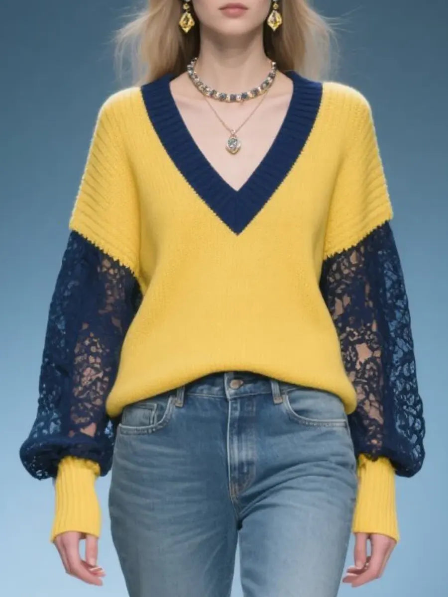 Women's Color-block Lace-paneled V-neck Long-sleeved Casual Loose-fitting Knitted Sweater