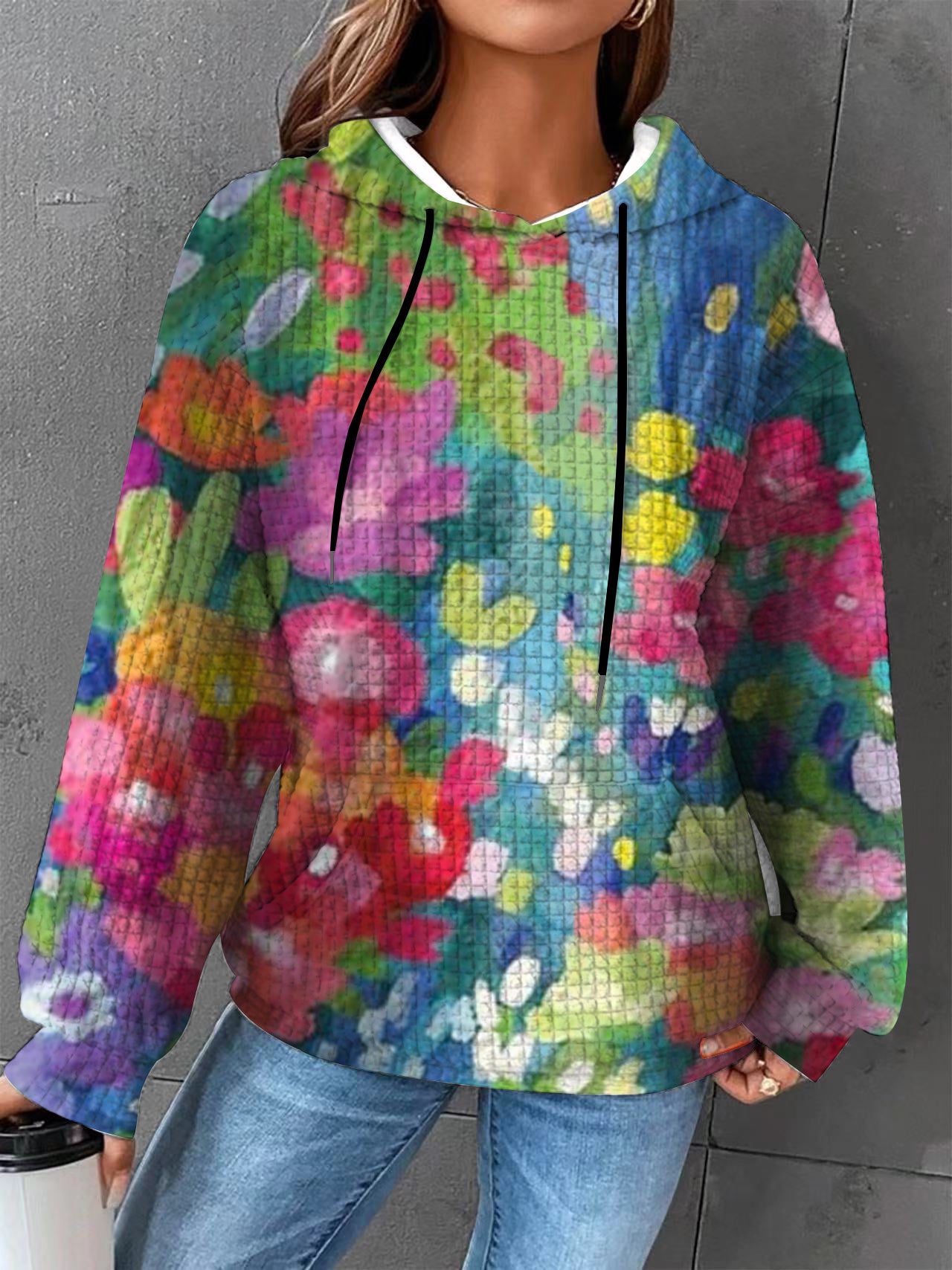 Plus  size Autumn/Winter Women's Waffle  Essential Creative Printed Long Sleeve Hooded Sweatshirt