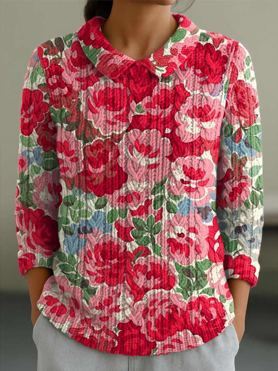 womens-vintage-red-flower-floral-art-print-casual-peter-pan-collar-3-4-sleeve-sweater