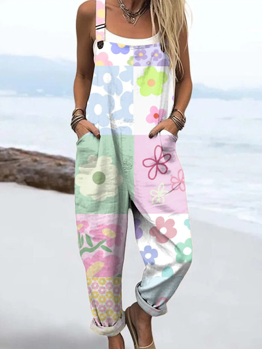 Women's Colourful Art Geometric Flower Print Casual 100% Cotton Wide Leg Jumpsuit