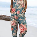 Women's Vintage Floral Art Print Casual 100% Cotton Wide Leg Jumpsuit