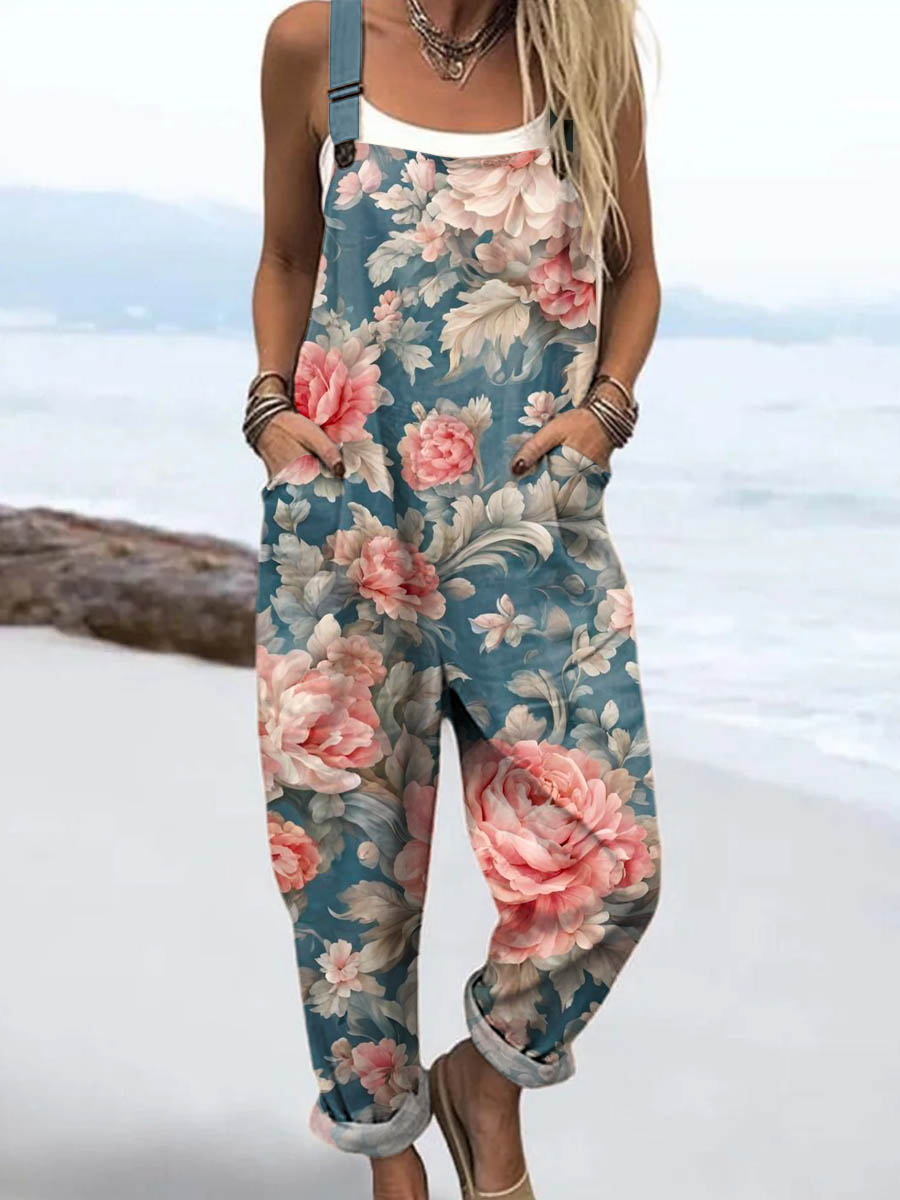Women's Vintage Floral Art Print Casual 100% Cotton Wide Leg Jumpsuit