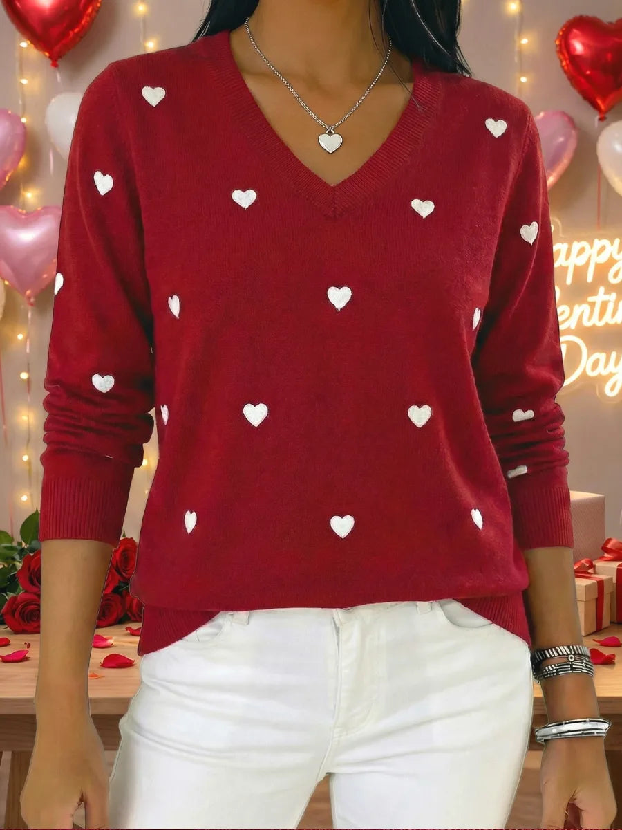 Women's Valentine's Day Heart Jacquard V-neck Long-sleeved Knit Sweater