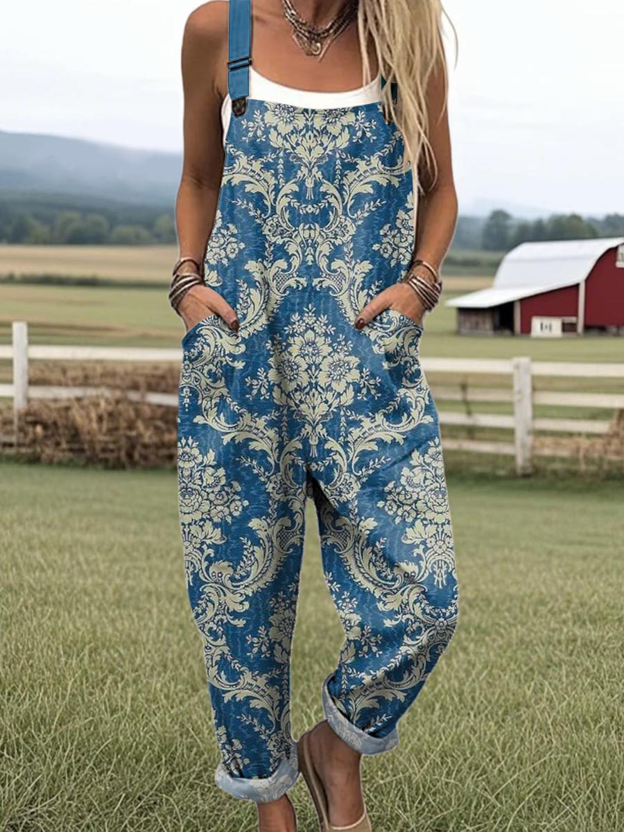 Women's Vintage Floral Pattern Art Print Casual 100% Cotton Wide Leg Jumpsuit