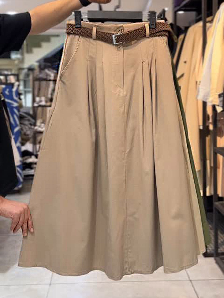 Women's Solid Color High Waist Flared Hem Casual Cotton and Linen Skirt