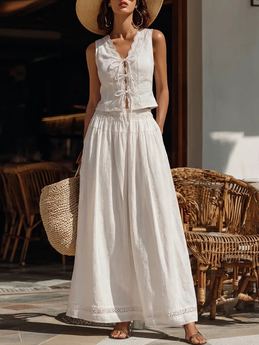 French-style Patchwork Lace-trimmed Cotton Top And Skirt Two-piece Set