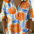 Women's Vintage Floral Art Print Cotton-linen Short-sleeve Shirt