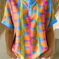 Retro Color-block Patchwork Print Loose-fit Cotton-linen Short-sleeve Shirt