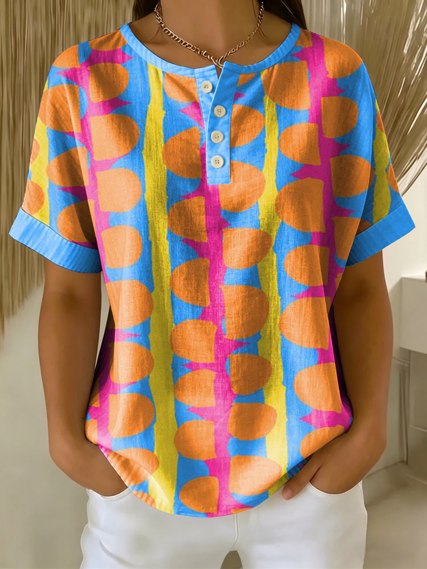Retro Color-block Patchwork Print Loose-fit Cotton-linen Short-sleeve Shirt