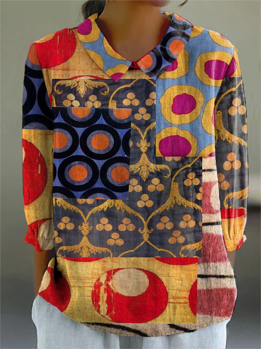 Women's Circular Geometry Pattern Print Casual Cotton And Linen 3/4 Sleeve Shirt