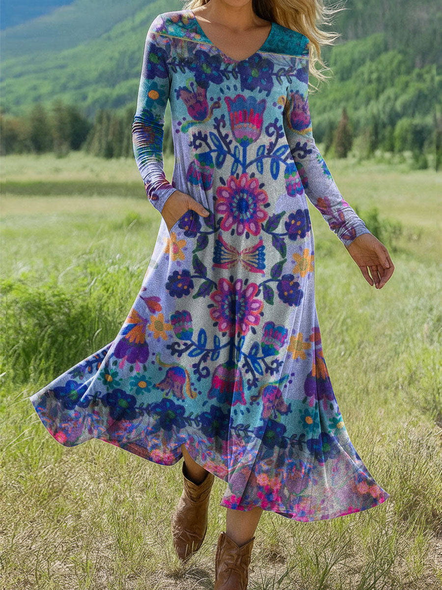 Women's Boho Floral Print Art Print Long-sleeved Dress