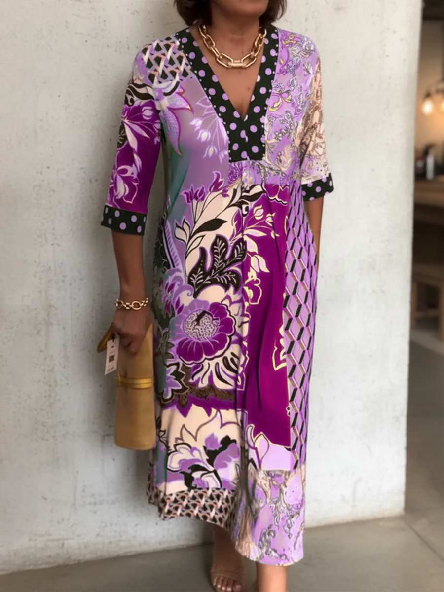 Women's Floral Polka Dot Print V-neck Dress