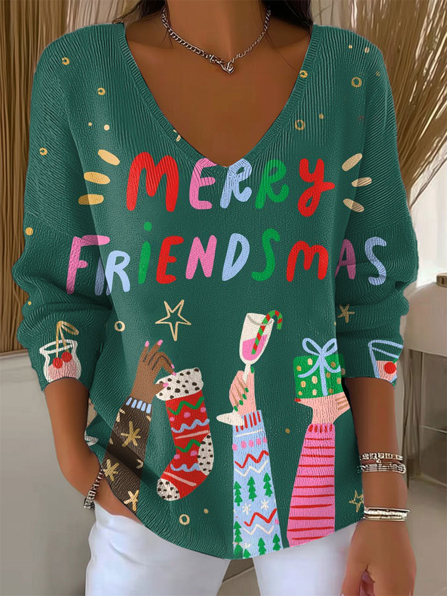 Women's  MERRY FRIENDSMAS Vintage  Christmas Art Print Casual Pullover Sweater