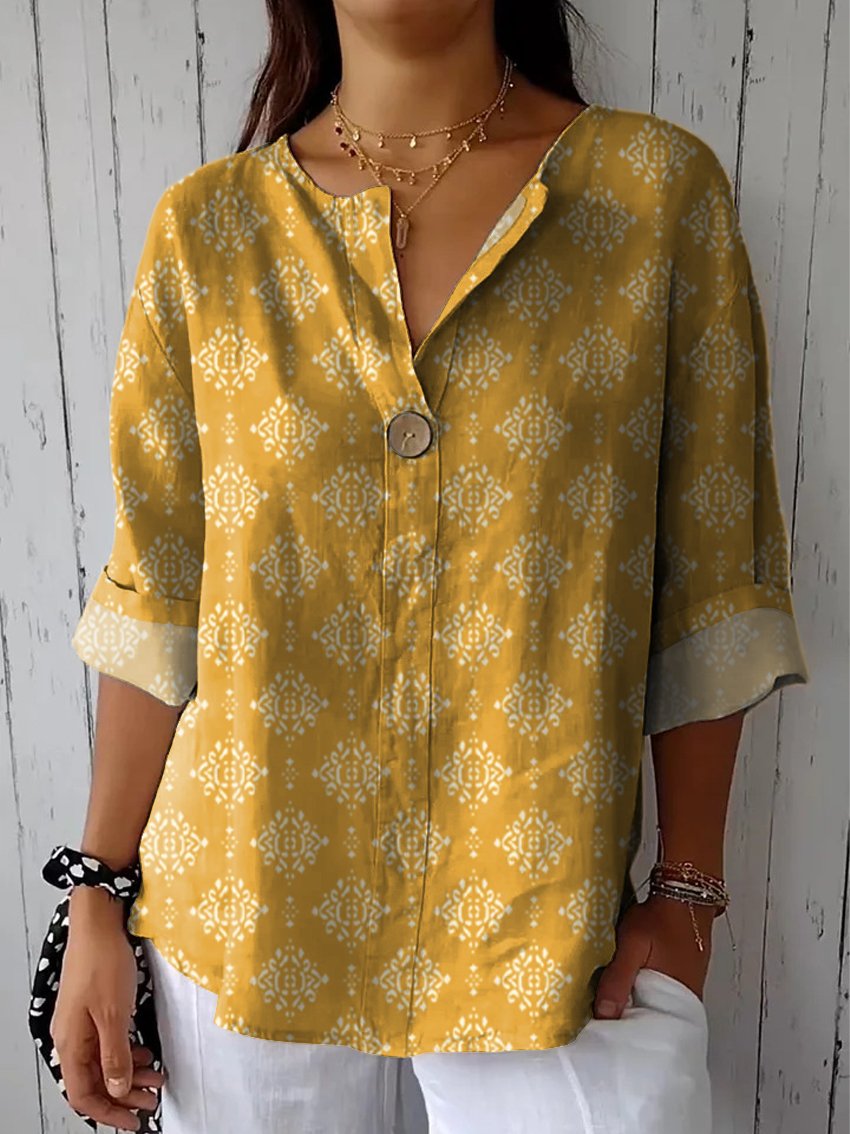 Women's Vintage Flowers Print Casual Cotton Linen Shirt