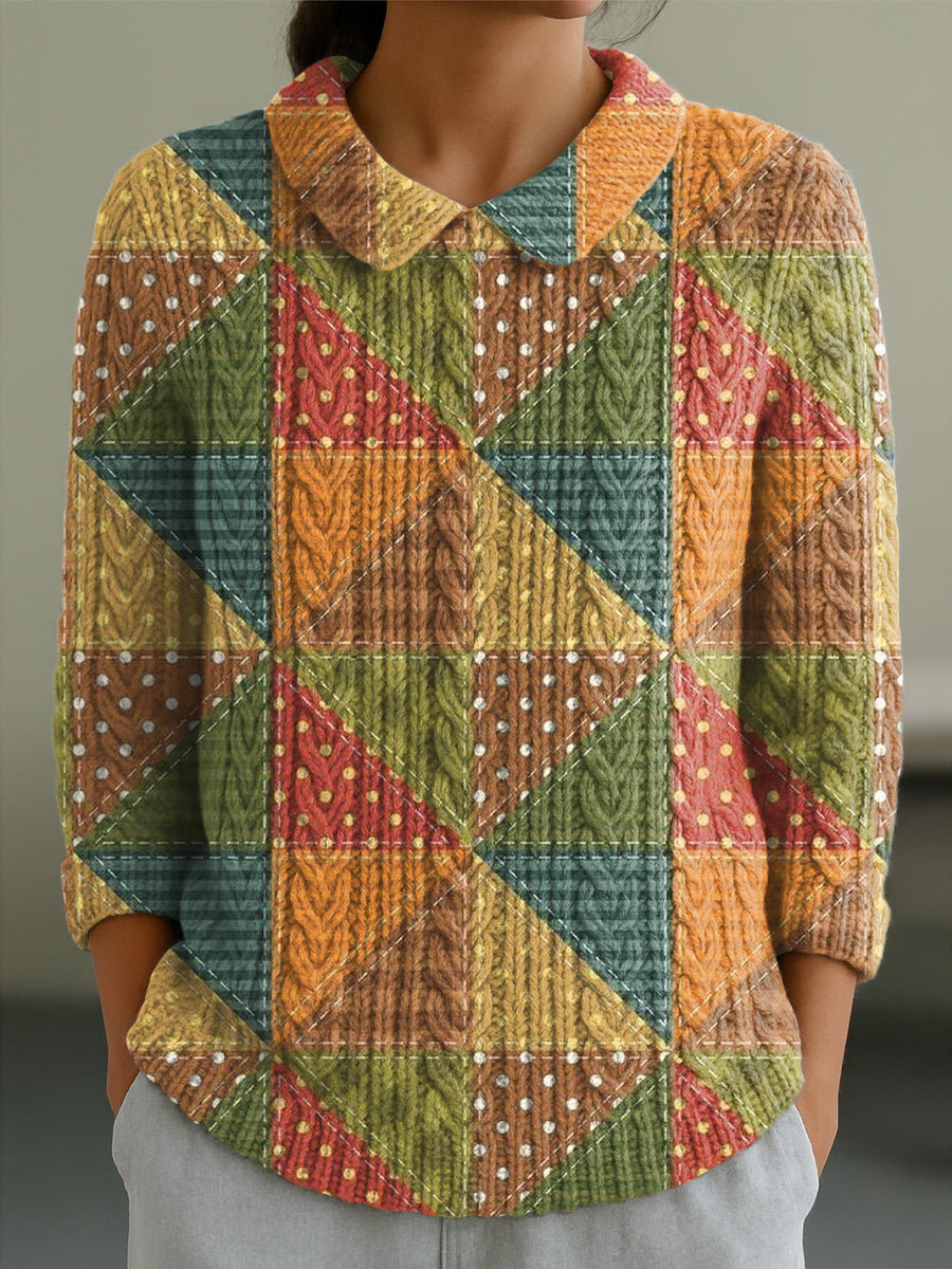 womens-vintage-multicolor-diamond-geometric-painting-art-print-casual-peter-pan-collar-3-4-sleeve-sweater