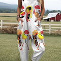 Women's Funny Chicken Art Print Casual 100% Cotton Wide Leg Jumpsuit
