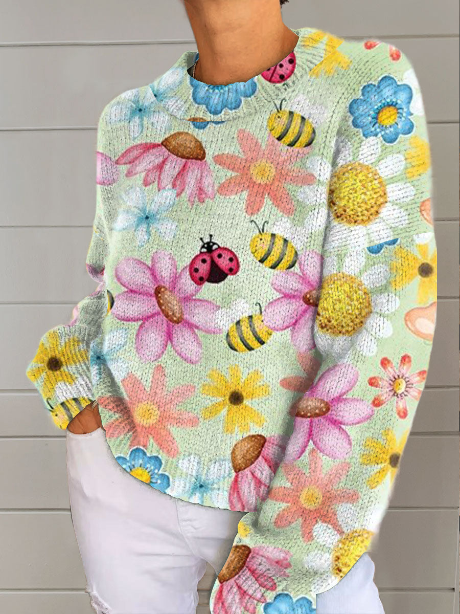 womens-vintage-flower-insect-art-print-casual-pullover-sweater