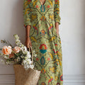 Women's Vintage Flower Art Print Linen Pocket Dress