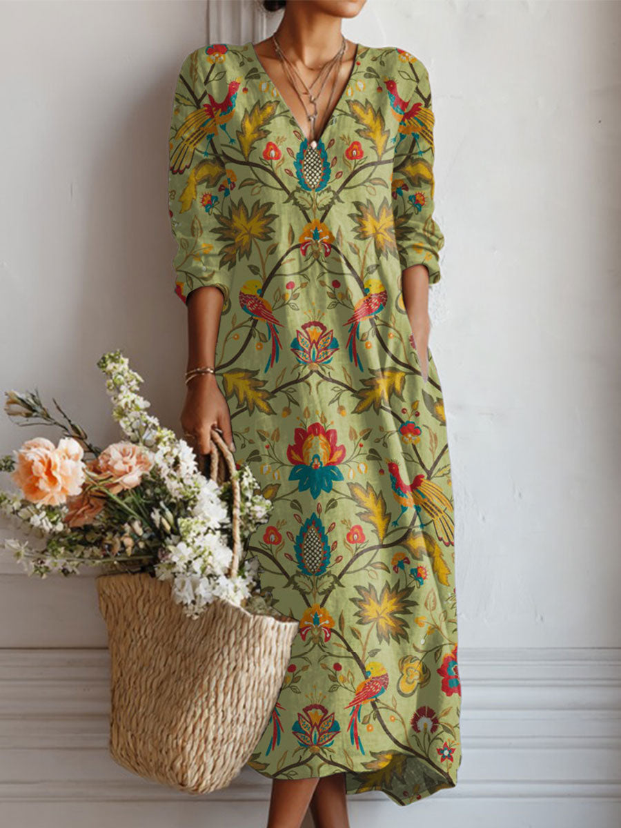 Women's Vintage Flower Art Print Linen Pocket Dress