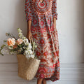 Women's Vintage Flower Art Print Linen Pocket Tunic Dress