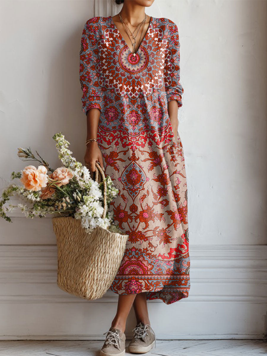 Women's Vintage Flower Art Print Linen Pocket Tunic Dress