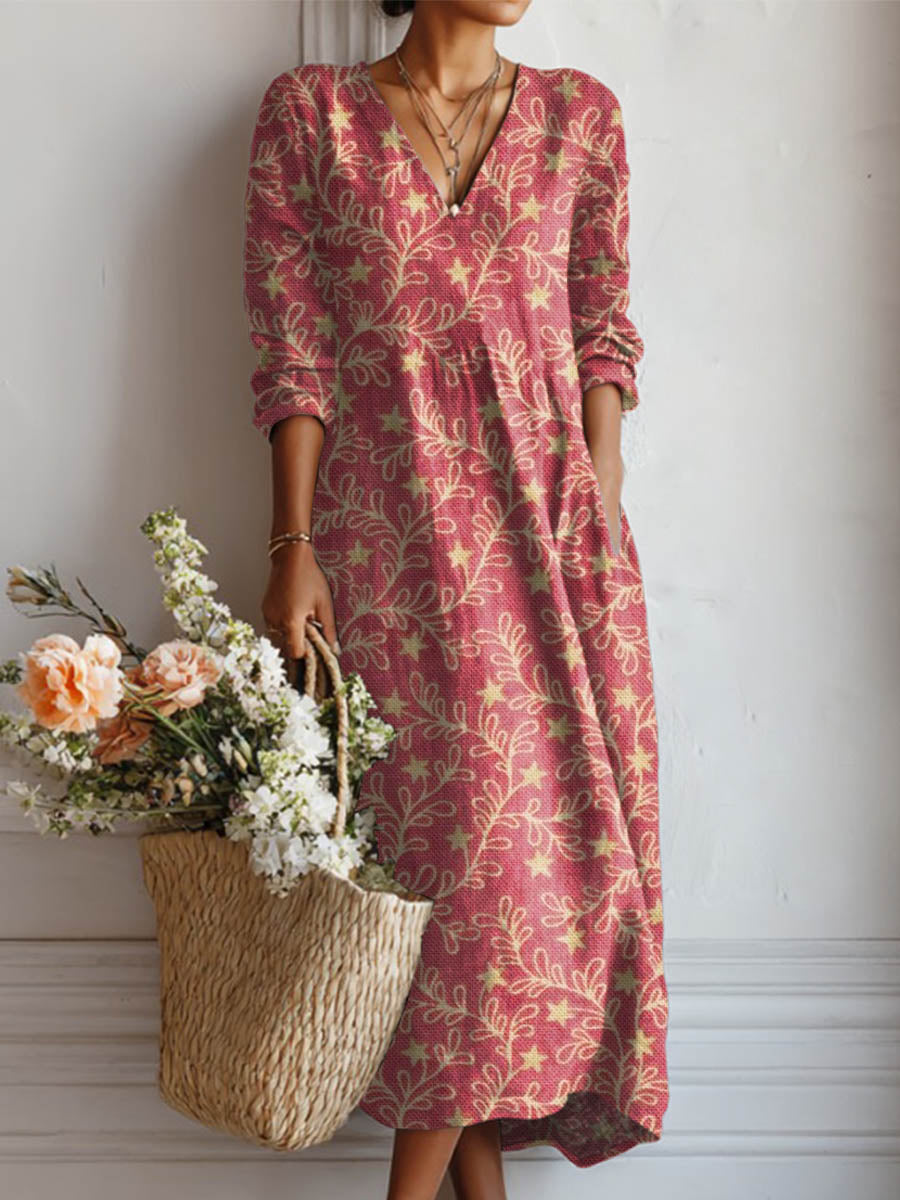 Women's Vintage Floral Art Print Casual Cotton Linen Pocket Dress