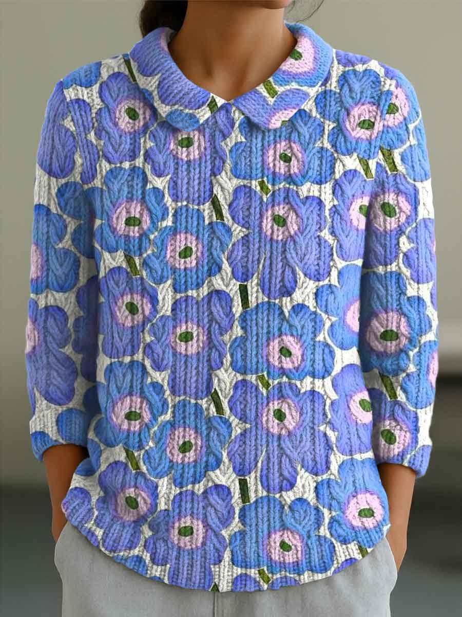 womens-floral-flowers-casual-print-peter-pan-collar-3-4-sleeve-sweater