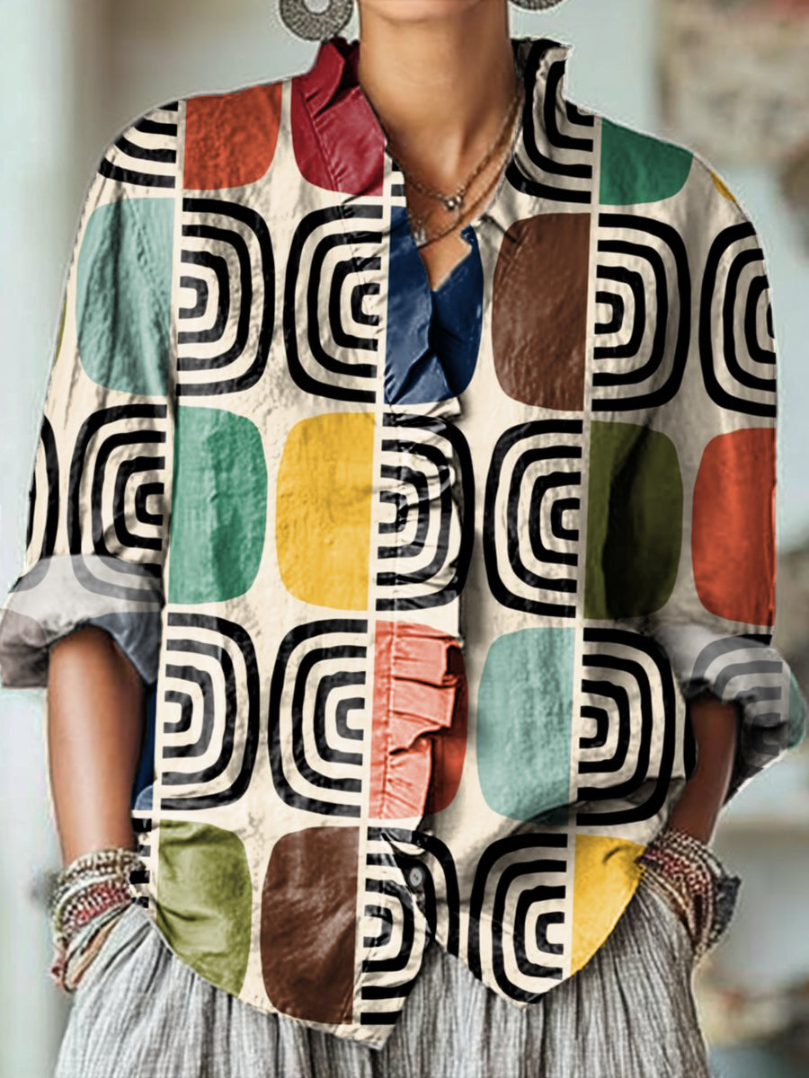 Women's Abstract Colorful Geometric Block Painting Art Print Casual Cotton And Linen Ruffle Shirt