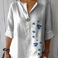Simple Blue Spring Floral Printed Women's Casual Cotton Linen Shirt