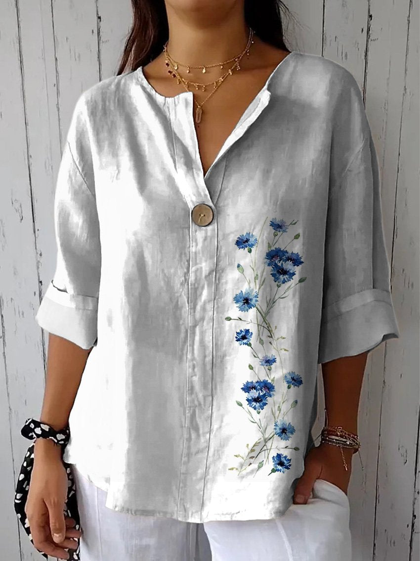 Simple Blue Spring Floral Printed Women's Casual Cotton Linen Shirt